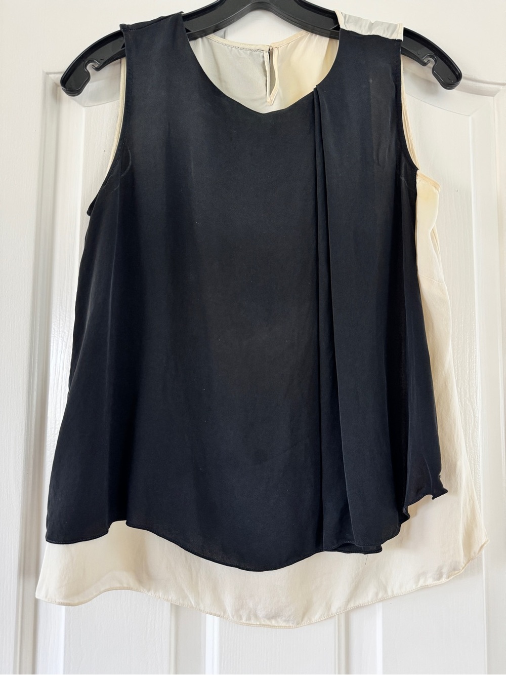 100% Silk Black Ivory Layered Asymmetrical Sleeveless Blouse